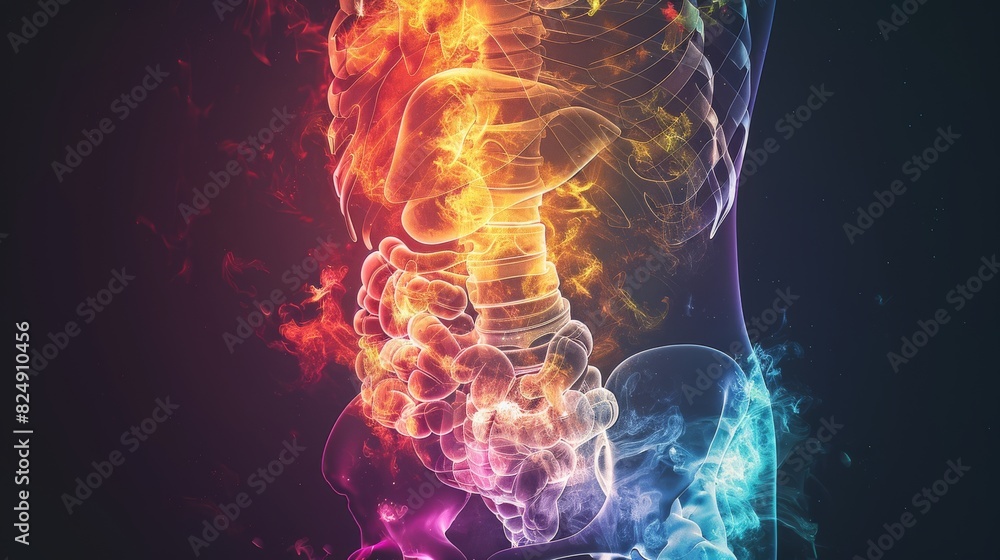 The image shows the human digestive system with a colorful background. The image shows the human digestive system with a colorful background.