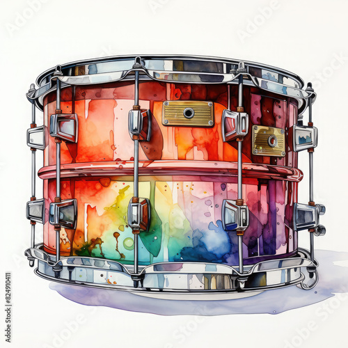 Watercolor Vibrant Painted Drum Illustration, Generative Ai