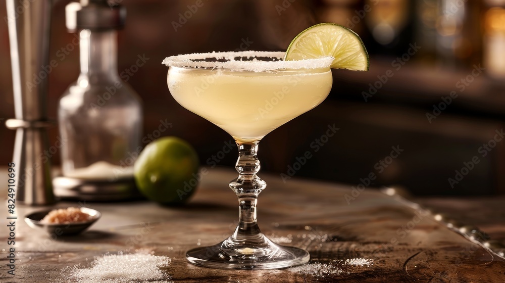 A classic Cuban daiquiri with a lime wedge and sugar rim, served in a vintage bar setting A classic Cuban daiquiri with a lime wedge and sugar rim, served in a vintage bar setting