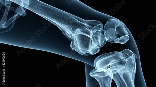 The X-ray of a knee joint shows the bones and ligaments in detail photo