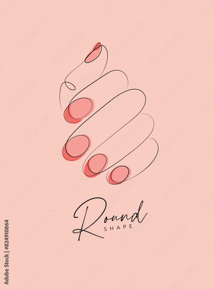 Woman hand with pink round nails drawing in linear style on peach background