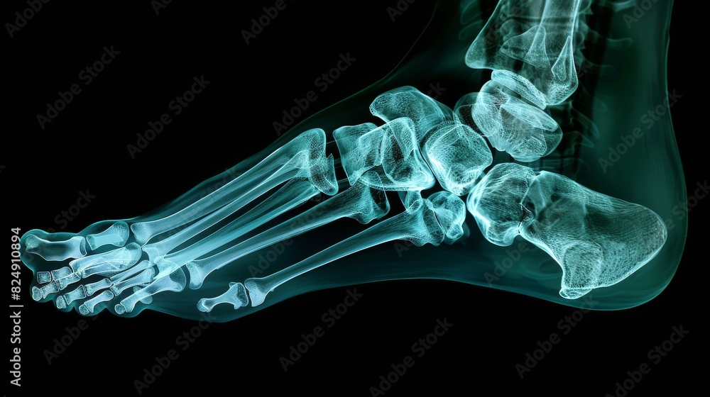 X-ray of a human foot in blue. X-ray of a human foot in blue.