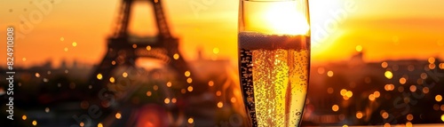 A classic French champagne flute with bubbles rising, set against a backdrop of the Eiffel Tower at sunset