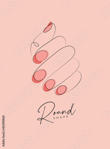 Obraz na płótnie Woman hand with pink round nails drawing in linear style on peach background w salonie