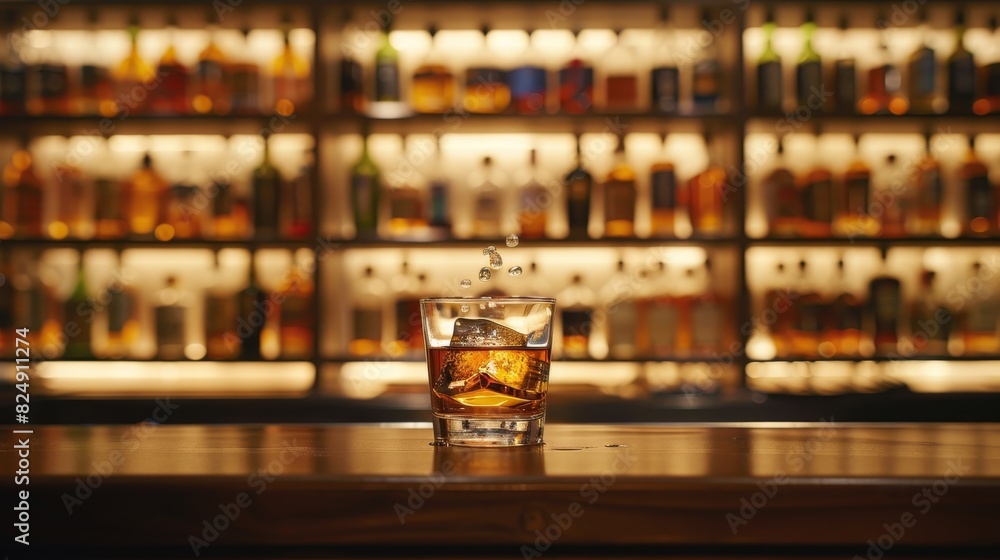 Obraz premium A classic presentation of Japanese whisky in a fine glass, on a dark wooden bar, with a blurred background of bar shelves filled with bottles