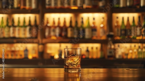 A classic presentation of Japanese whisky in a fine glass  on a dark wooden bar  with a blurred background of bar shelves filled with bottles