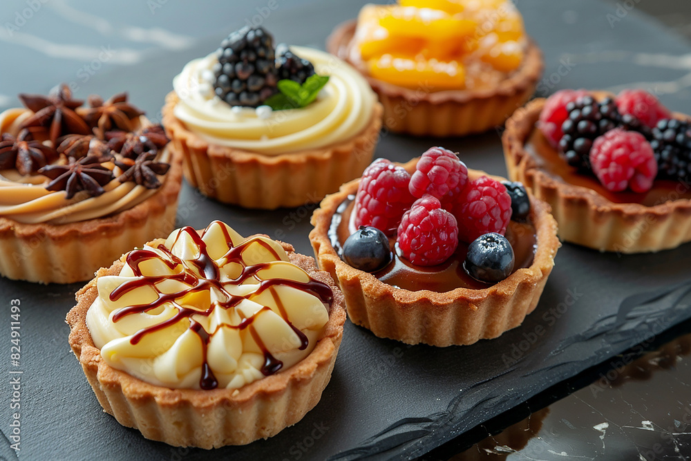 Assorted tartlet selection with rich, creamy fillings and vibrant toppings.