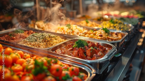 Fresh, hot dishes on display with steam rising from food trays in a restaurant buffet setup