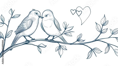 pencil drawing, love between two birds on a tree, cute sketch, AI generated image