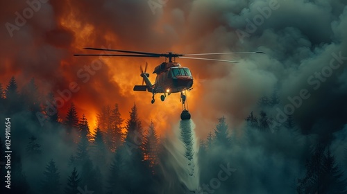 A helicopter drops water on a raging forest fire amidst thick smoke and trees