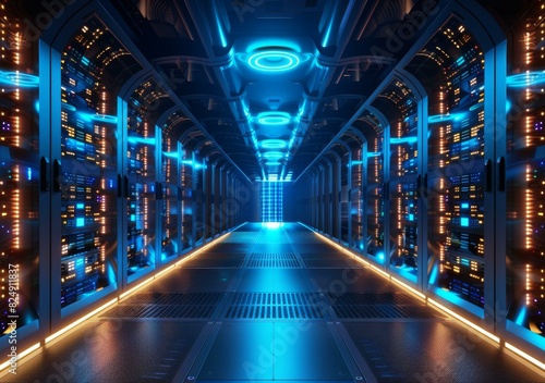 Futuristic Technology Server Room With Glowing Blue Lights