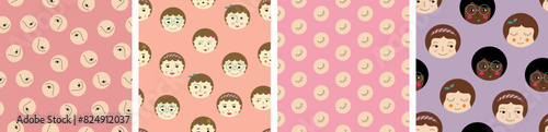 Set of four patterns, comely girlish faces. Simple design for branding, fabric, girl portrait, seamless texture.