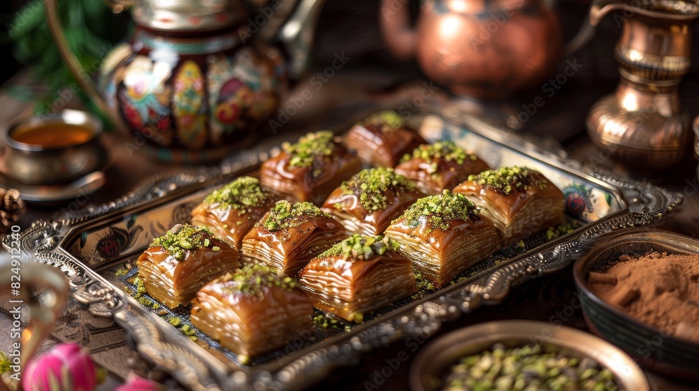 A closeup of a Lebanese baklava tray, showcasing the intricate layers and pistachio topping, with a traditional tea set and ornate decorations A closeup of a Lebanese baklava tray, showcasing the intricate layers and pistachio topping, with a traditional tea set and ornate decorations