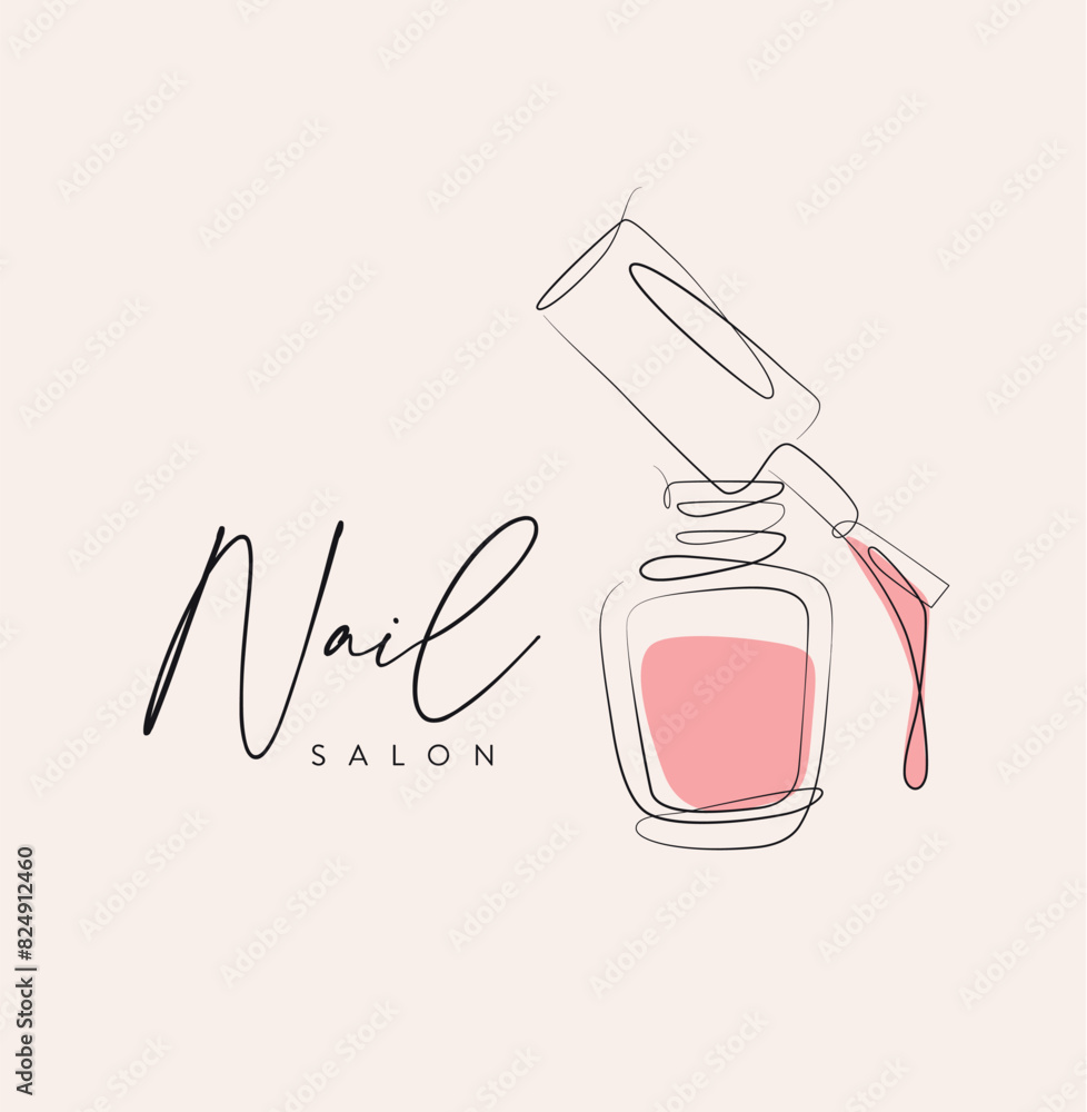 Nail polish pink bottle with brush and lettering salon drawing in linear style on beige background