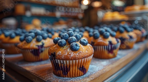 Blueberry muffins topped with berries showcased in a bakery display case photo