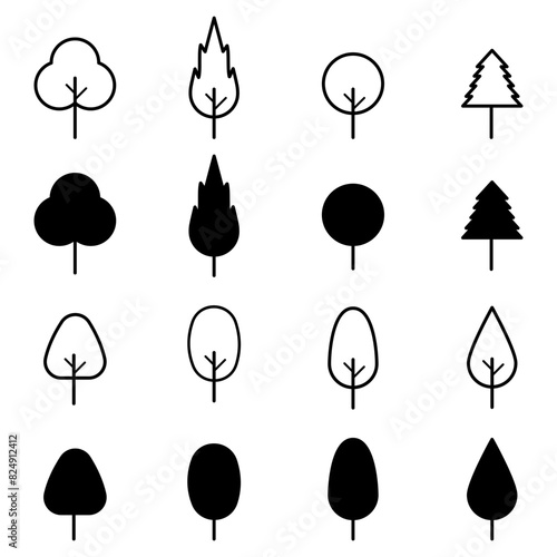 Tree icons set in abstract black and white style. Vector illustration