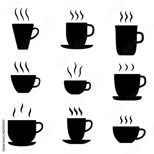 Set of coffee and tea cups illustrated on white