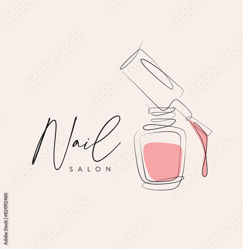 Obraz na płótnie Nail polish pink bottle with brush and lettering salon drawing in linear style on beige background w salonie