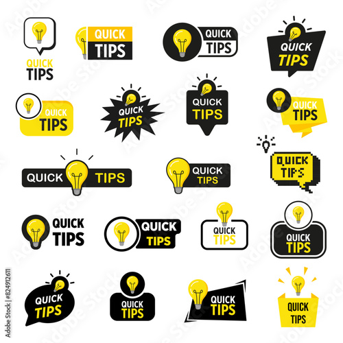 Quick tips sticker set. Quick tips badge with lamp