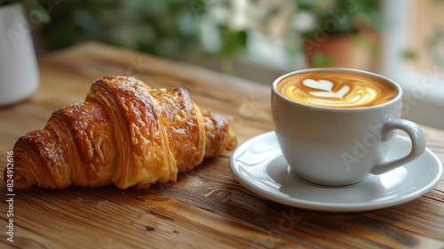 Delicious freshly baked croissant paired with a cup of latte art coffee on a wooden table  with plants in background