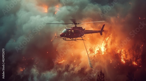 Scene of a helicopter flying through dense smoke while battling a forest fire, with flames engulfing the trees