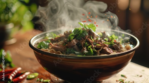 A closeup of a steaming bowl of Thai beef noodle soup, with fresh herbs and chili, set against a wooden background