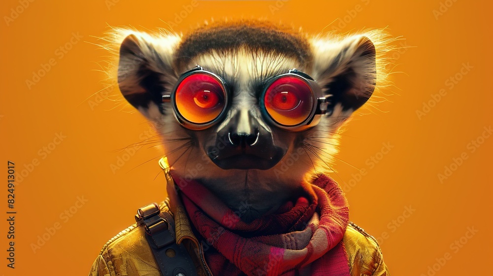 A close-up of a raccoon wearing red goggles and a scarf around its neck A close-up of a raccoon wearing red goggles and a scarf around its neck