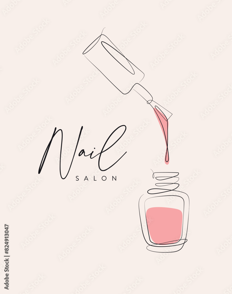 Nail polish pink bottle lettering salon drawing in linear style on beige background