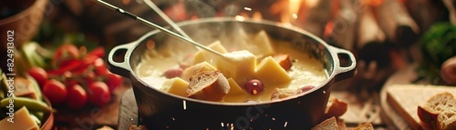 A closeup of a Swiss fondue pot with melted cheese, surrounded by bread cubes and vegetables, with a rustic chalet background photo