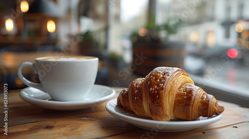 Close-up of a delicious croissant and coffee at a cafe, with street view