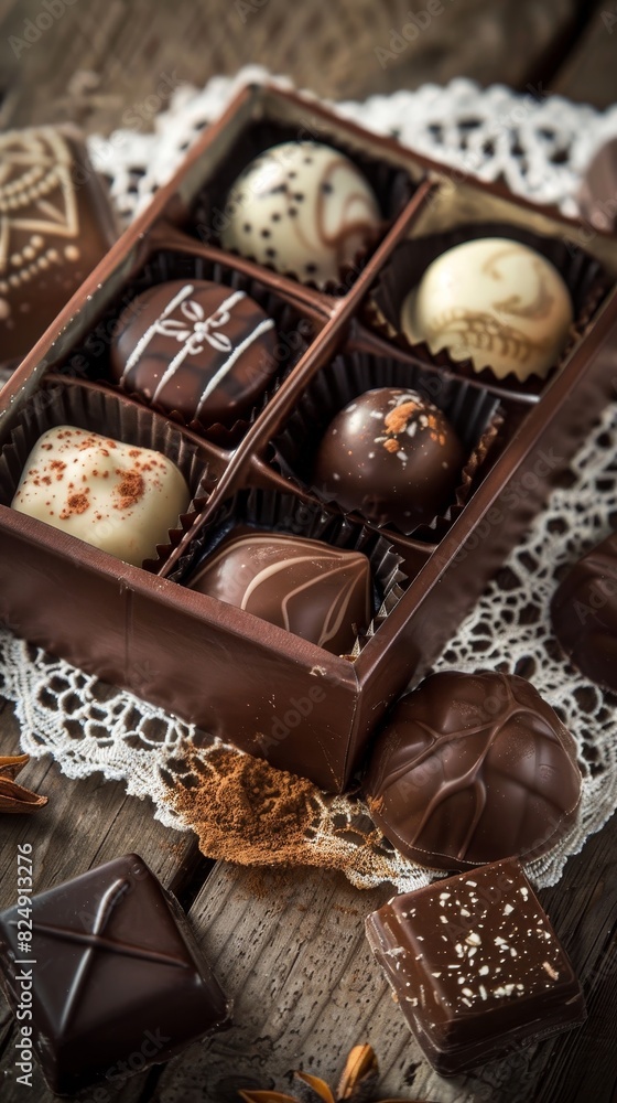 A closeup of an elegant Belgian praline box, with assorted chocolates displayed on a lace doily, set against a vintage wooden table A closeup of an elegant Belgian praline box, with assorted chocolates displayed on a lace doily, set against a vintage wooden table