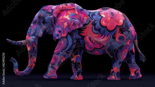   An elephant in a dark room with its trunk curled into the shape of an elephant's trunk, appearing brightly colored © Shanti