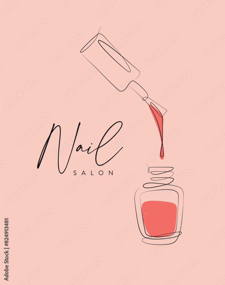 Nail polish pink bottle lettering salon drawing in linear style on peach background