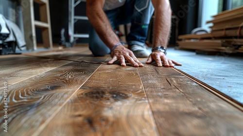 Close-up image with detailed textures of wood as a man installs laminate flooring planks in a domestic setting
