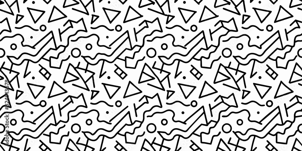 Geometric vector seamless pattern in Memphis style with thin curved and zig zag lines, dots. Black and white doodle texture. Retro fashion style 80-90s. Hand drawn ornament with thin brush strokes.