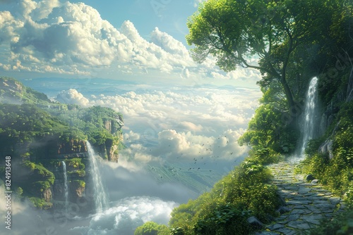 Fantasy landscape with a stone path leading into the distance  past a waterfall and a large tree