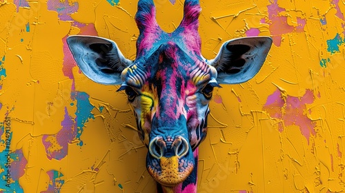   A close-up of a giraffe's head against a yellow wall with paint splatters on it