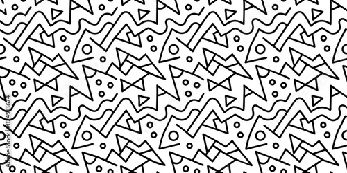 Geometric vector seamless pattern in Memphis style with thin curved and zig zag lines  dots. Black and white doodle texture. Retro fashion style 80-90s. Hand drawn ornament with thin brush strokes.