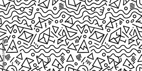Geometric vector seamless pattern in Memphis style with thin curved and zig zag lines, dots. Black and white doodle texture. Retro fashion style 80-90s. Hand drawn ornament with thin brush strokes.