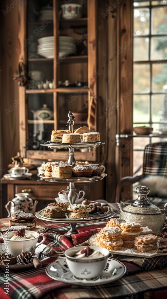 Fototapeta premium A cozy afternoon tea setting in a Scottish country house, with a variety of shortbread and cakes on a tiered stand, surrounded by tartan decor