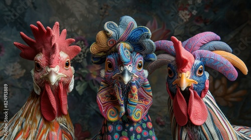  Two colorful roosters standing next to each other in front of a flowered wallpapered room with a dark background