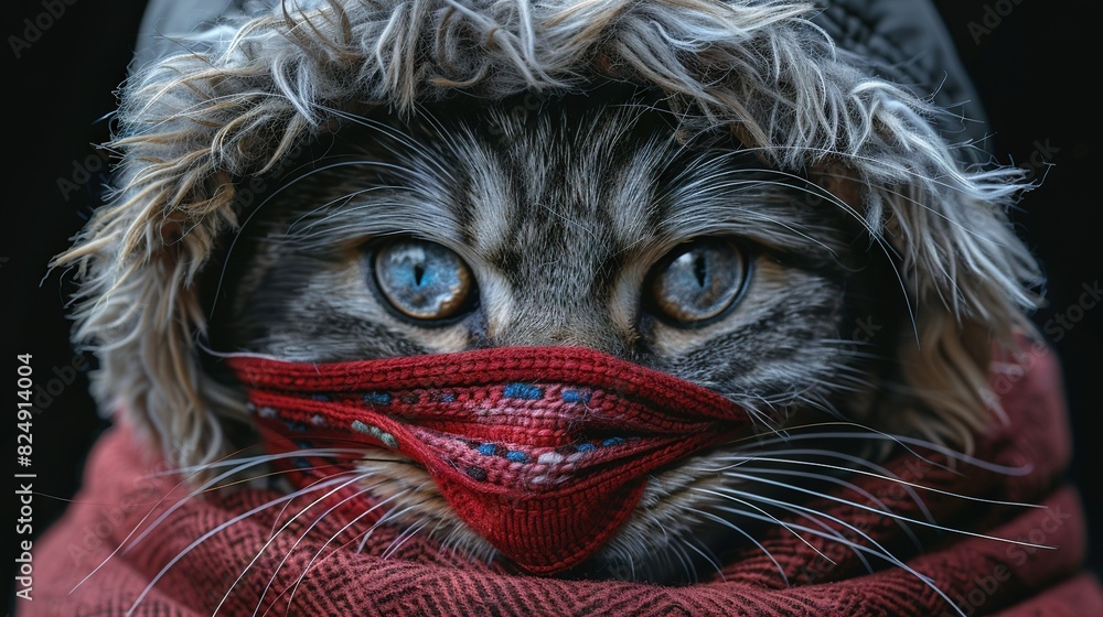 a feline wearing a scarf and hat with its collar adorned with another scarf a feline wearing a scarf and hat with its collar adorned with another scarf