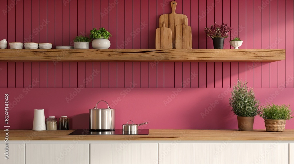 I love the kitchen's magenta wall paneling and wooden shelf. I love the kitchen's magenta wall paneling and wooden shelf.
