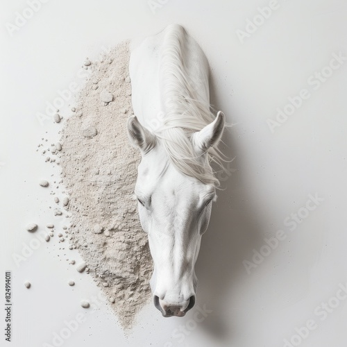 A portrait of an Arabian horse with a white coat and brown spots, looking at the camera in a headshot against a misty grey background. Generated by artificial intelligence photo