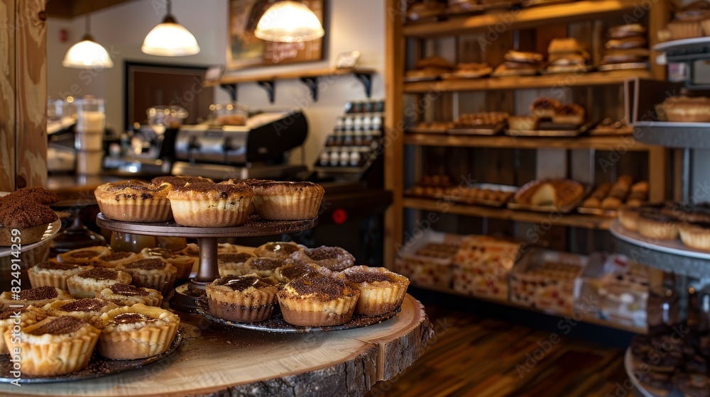 A cozy Canadian bakery with a selection of butter tarts and nanaimo bars, with a warm, inviting interior and rustic decor
