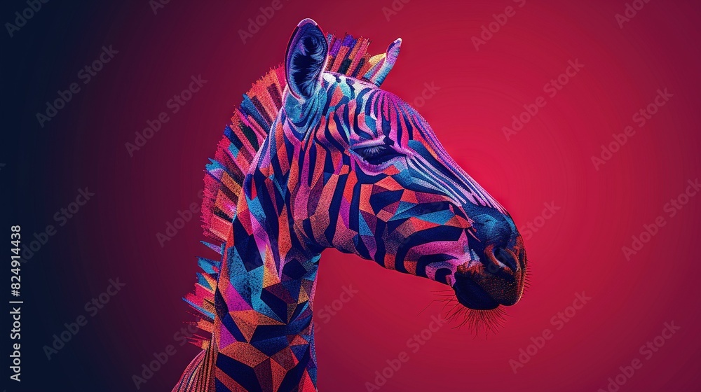 Zebra head close-up on red-blue background with red background light Zebra head close-up on red-blue background with red background light