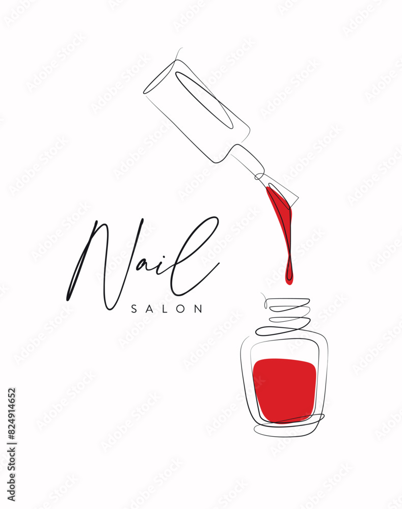 Nail polish red bottle lettering salon drawing in linear style on white background