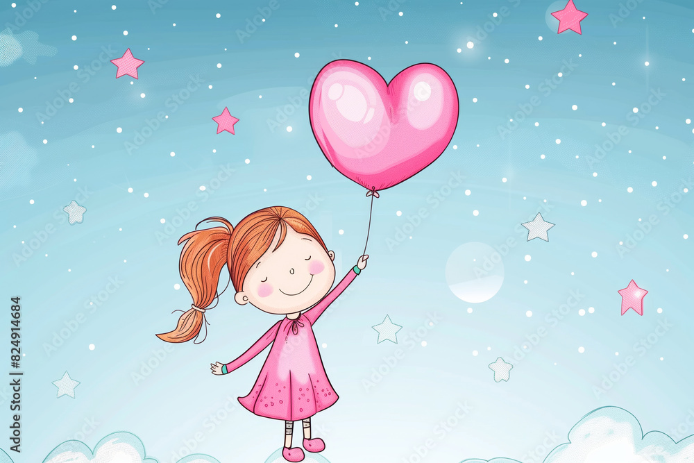 Cute cartoon girl holding a pink heart balloon flying in the sky with star, illustration Cute cartoon girl holding a pink heart balloon flying in the sky with star, illustration