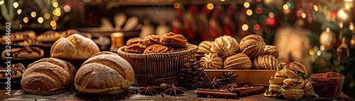 A cozy Mexican bakery with a selection of conchas and pan dulce  set against a backdrop of festive decorations and warm lighting