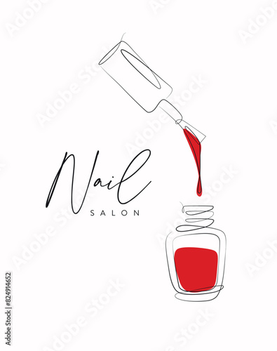 Nail polish red bottle lettering salon drawing in linear style on white background